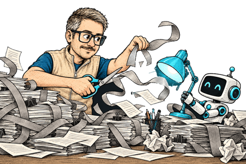 Fiodar cuts tangled administrative ribbons while a robot frees a desk lamp.