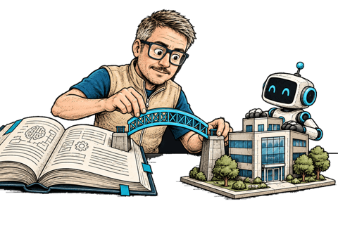 Fiodar fits a cyan bridge between an open reference book and a miniature company.