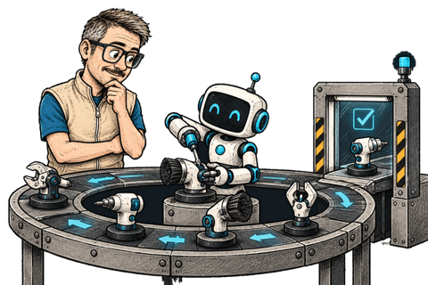 Fiodar observes a robot improving a tool on a circular track beside a fixed inspection gate.