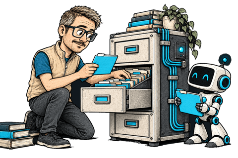 Fiodar maintains an organized knowledge cabinet with cyan conduits and folders.