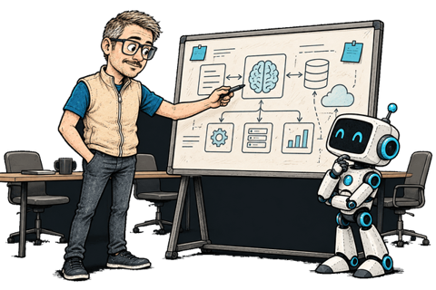 Fiodar and a robot consult a shared diagram beside empty meeting chairs.