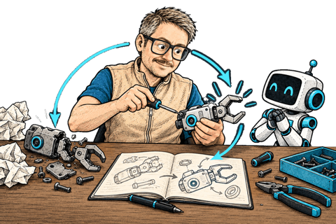Fiodar revises a broken tool with a loop connecting the failure, design notes, and next attempt.