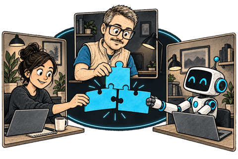 Fiodar, a colleague, and a robot join matching pieces from separate workspaces.
