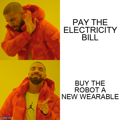 Drake meme: rejecting “pay the electricity bill”, preferring “buy the robot a new wearable”