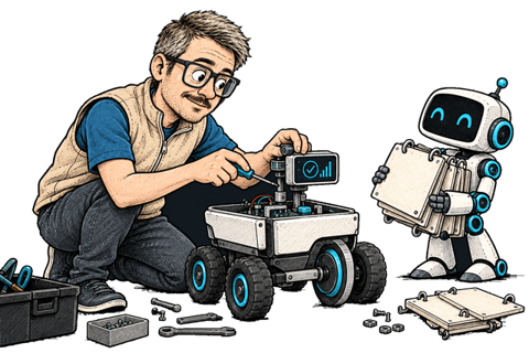 Fiodar upgrades a delivery mechanism while a robot holds discarded calendar panels.