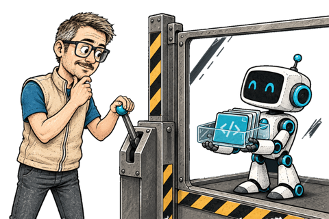 Fiodar controls a permission gate while a robot waits with a proposed change.