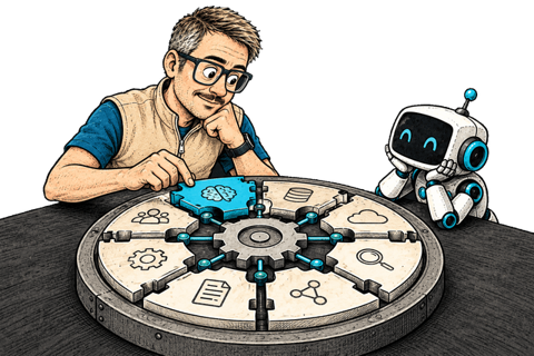 Fiodar and a robot examine interconnected sectors of a circular operating-model map.