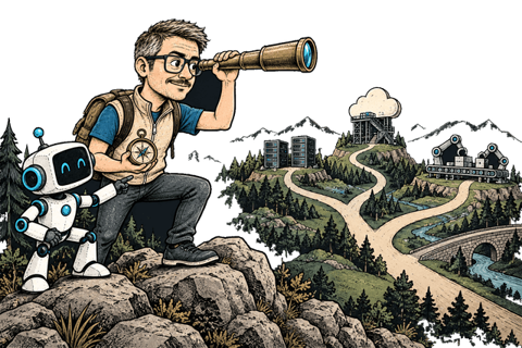 Fiodar surveys three possible routes with a telescope and compass.