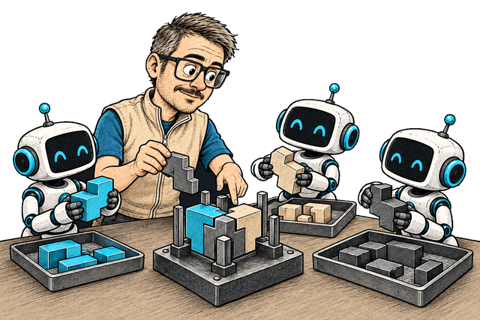 Fiodar coordinates three robots fitting separately built modules into an integration jig.