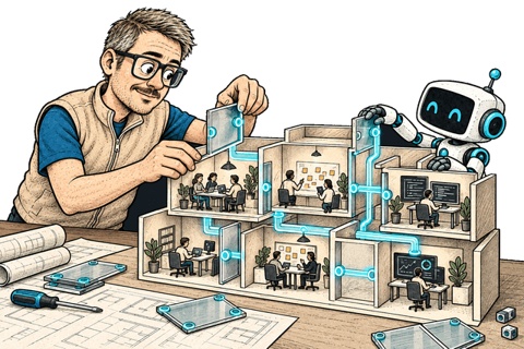 Fiodar and a robot adjust connections between rooms in a miniature organization.