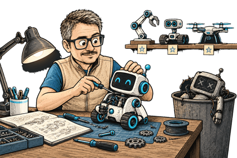 Fiodar works on an active prototype beside candidate improvements and a retired mechanism.