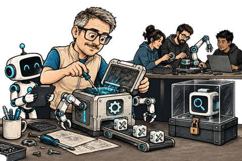 Fiodar upgrades a tool-making mechanism beside a protected evaluator and a separate team workshop.