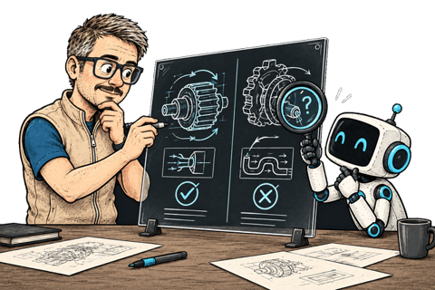 Fiodar sketches alternative designs while a robot examines one through a magnifier.