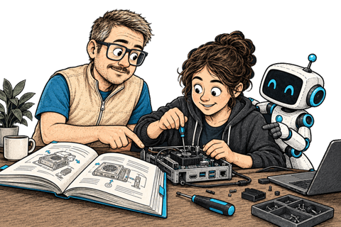 Fiodar guides a learner practicing an adjustment beside an open instruction book.