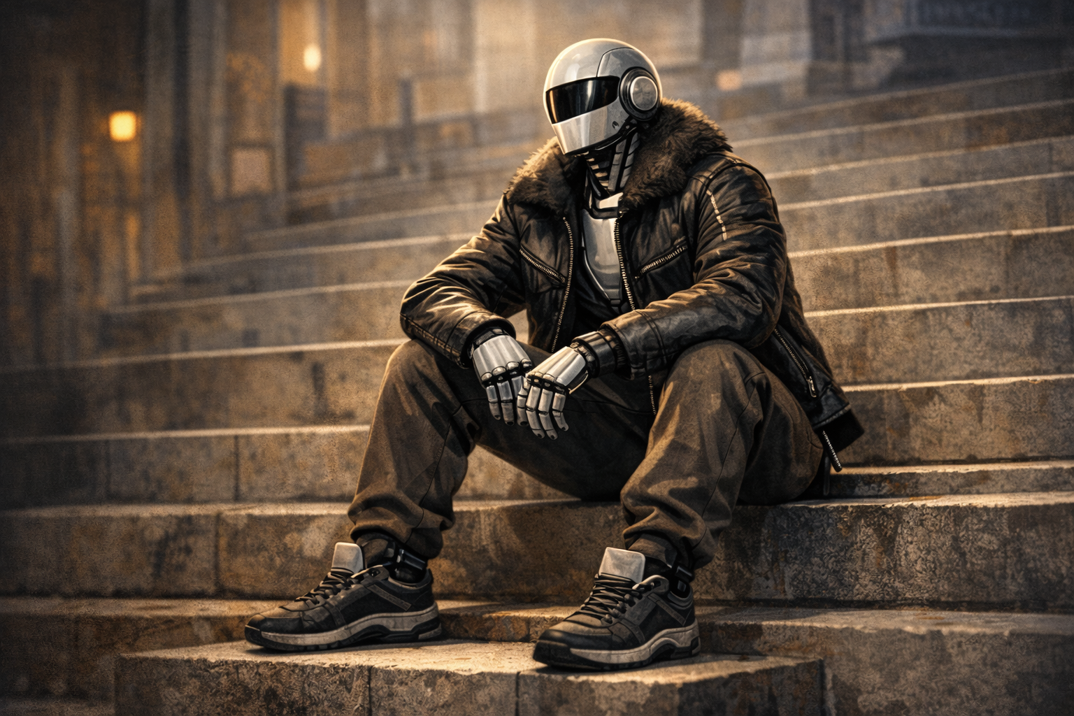 A stylish humanoid robot sitting on concrete steps in a designer jacket, looking at ease in a human space